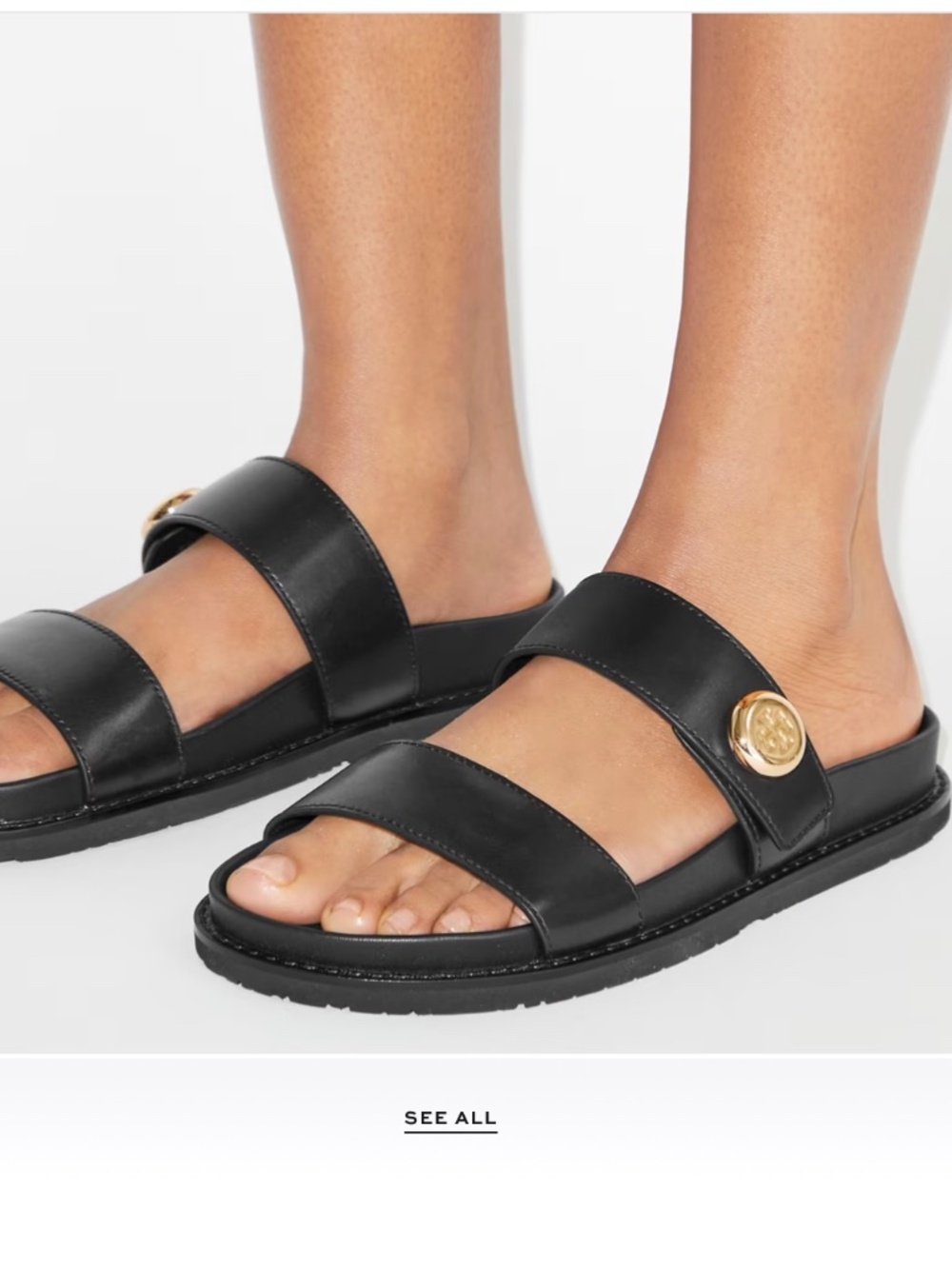 Tory Burch Romy Sport Slide Sandals Black Leather Gold Logo Size 7.5 NWOT